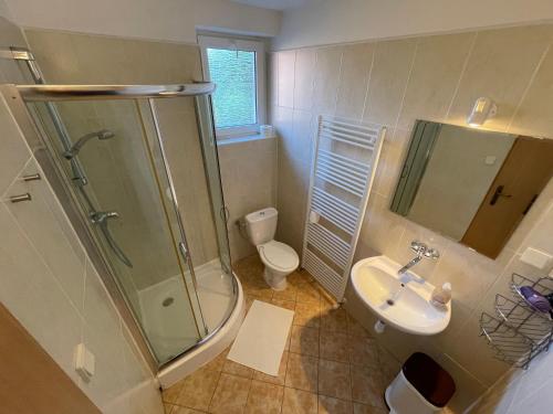 a bathroom with a shower and a sink and a toilet at Privat HOTOS in Liptovský Mikuláš