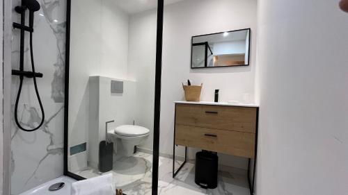 een badkamer met een toilet, een wastafel en een spiegel bij Home Place Apartments - Gujan Arcachon in Gujan-Mestras