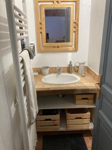 une salle de bain avec un lavabo et un miroir dans l'établissement à l'ombre du gros chêne, à Sainte-Anastasie-sur-Issole