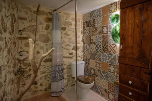 a bathroom with a toilet and a glass shower at Dioni Stone House in Petrokefalo