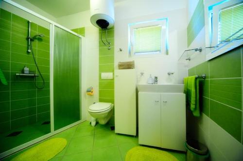 a green and white bathroom with a toilet and a shower at Holiday home with pool, Supetar, Island Brac in Supetar