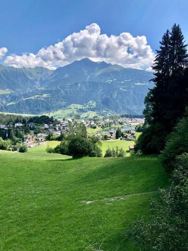a field of green grass with mountains in the background at Rancho Laaxdeluxe in Laax