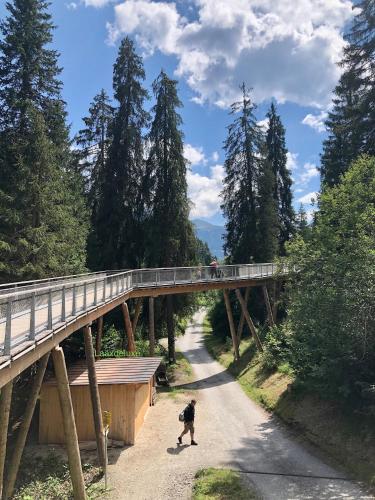 a dog walking under a bridge over a road at Rancho Laaxdeluxe in Laax