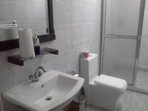 uma casa de banho com um lavatório, um WC e um chuveiro em The Milimani Lodge em Arusha