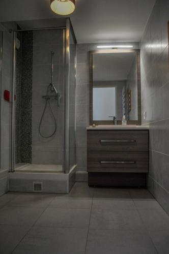 une salle de bain avec une douche, un lavabo et un miroir dans l'établissement Vue exceptionnelle sur la tour Eiffel, à Paris