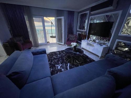 薩潘賈的住宿－WHİTE ROSE VİLLA Jakuzili ve Isıtma Havuzlu，客厅配有蓝色的沙发和电视