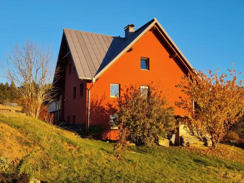 uma casa laranja no lado de uma colina em Blackforest Homestay em Herrischried
