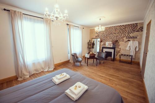 a bedroom with two folded towels on a bed at Domaine du lion rouge in Coucy-le-Château-Auffrique