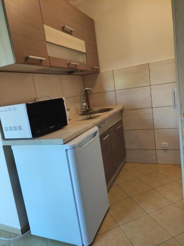 una cucina con un frigorifero bianco e un lavello di Domek pod brzozami a Grzybowo