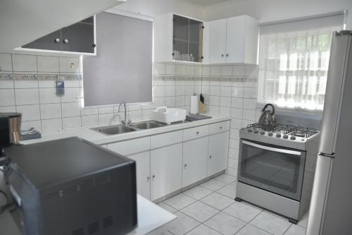 a white kitchen with a stove and a sink at FonteinZen - Home with big garden at Fontein in Willemstad