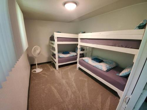 two bunk beds in a small room with a fan at Fern Acres Bed and Breakfast in Mountain View