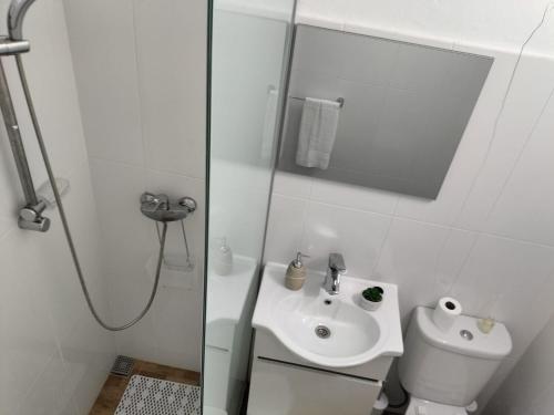 a bathroom with a toilet and a sink and a shower at Quintinha dos Reis in Funchal