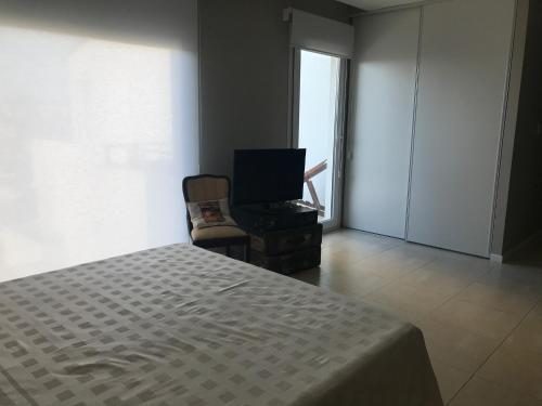 um quarto com uma cama, uma televisão e uma cadeira em Departamento en La Bahia de Nordelta em Benavídez