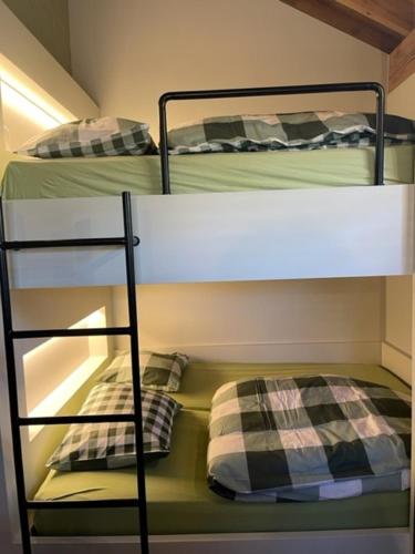 two bunk beds in a small room with two pillows at Mademoiselle Nineth met sauna in De Panne