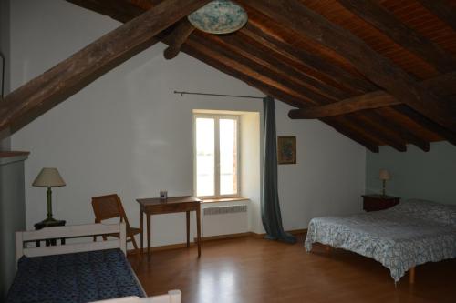 a attic room with two beds and a window at Chambres d'hôtes Les Pieds dans l'herbe in Saint-Julien-Gaulène