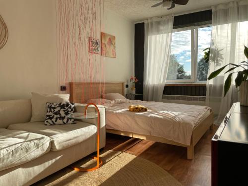 um quarto com uma cama, um sofá e uma janela em Уютная квартира в Маарду em Maardu