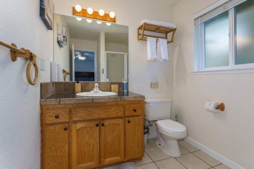 La salle de bains est pourvue d'un lavabo, de toilettes et d'un miroir. dans l'établissement Acorn House - Charming house in green heaven with pool table with lovely backyard, à Oakhurst