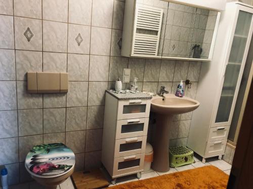 a small bathroom with a sink and a toilet at Veronikas Wohnung mit Garten in Wegscheid