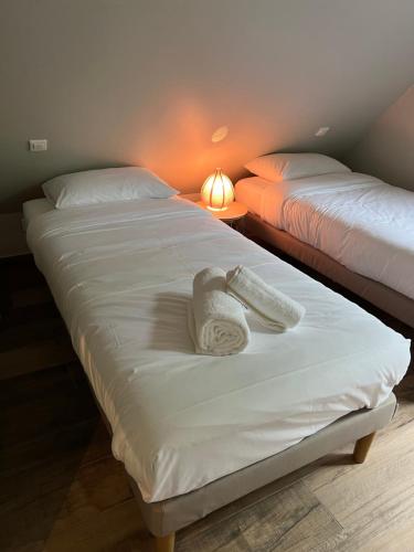 two beds with towels on them in a room at Le Domaine des Bois in Blangy-le-Château