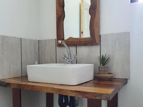a white sink on a wooden counter with a mirror at Kanimambo Chalet in Marloth Park
