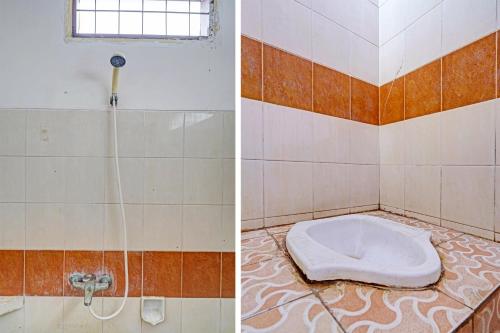 two pictures of a bathroom with a shower and a toilet at SPOT ON 91482 Sentosa Home in Bandung