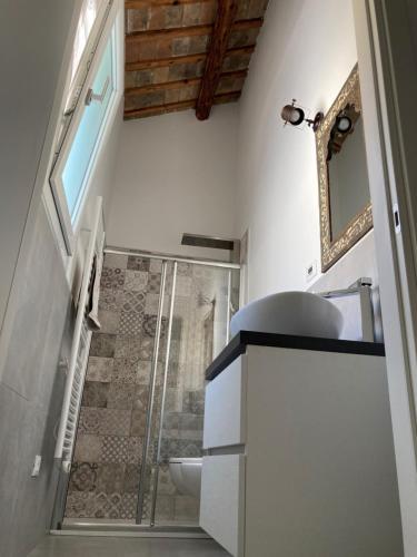 コマッキオにあるAL RUDERINOのバスルーム(洗面台、ガラス張りのシャワー付)