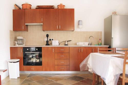 
a kitchen with a sink, stove, microwave and a dishwasher at I Plateia in Kalopanayiotis
