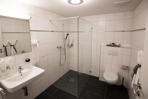 uma casa de banho com um chuveiro, um lavatório e um WC. em Gasthof Löwen Herznach em Herznach