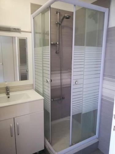 La salle de bains est pourvue d'une douche et d'une cabine de douche en verre. dans l'établissement Gîte des Tamarins à Saint-Pierre la Mer, à Fleury