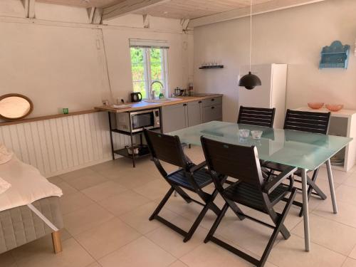 a kitchen with a glass table and chairs at Ragnhilds Gård, Hostel Vandrerhjem in Nyord