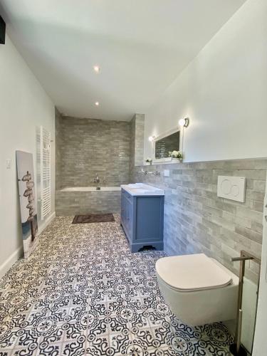 une salle de bain avec un lavabo bleu et des toilettes dans l'établissement La Maison L'Eperon, stylish 5 star villa surrounded by vineyard near Saint Emilion, à Vérac