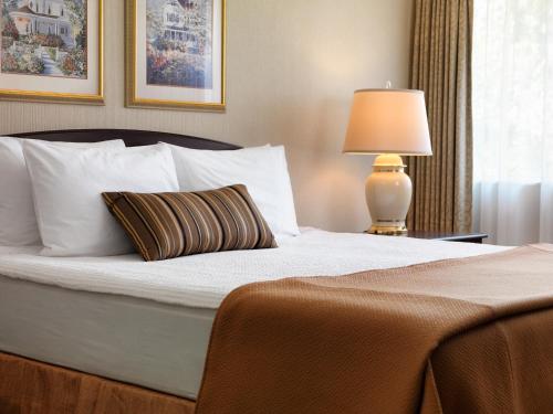 a bedroom with a bed with a pillow and a lamp at Royal Scot Hotel & Suites in Victoria