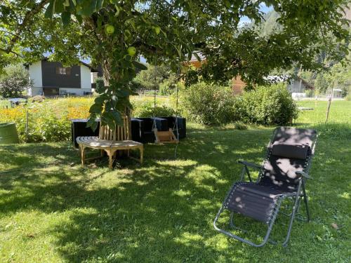 a chair and a table under a tree at Apartment Sweda by Interhome in Fieschertal