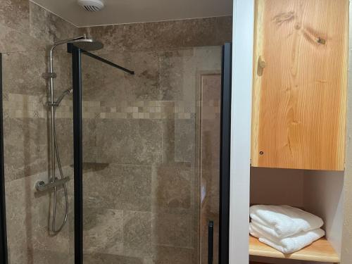 La salle de bains est pourvue d'une douche avec une porte en verre. dans l'établissement LE DOMAINE DES CYGNES, à Lamballe
