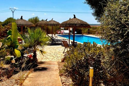 einen Pool mit Sonnenschirmen und Stühlen neben einem Resort in der Unterkunft Finca Es Velar in Santanyi