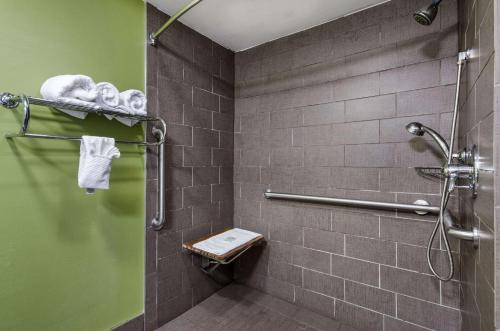 ein Bad mit einer Dusche und einer grünen Wand in der Unterkunft Sleep Inn Hanes Mall in Winston-Salem