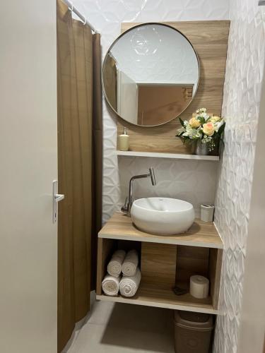 W łazience znajduje się umywalka i lustro. w obiekcie Dvoriste Danguba w mieście Nova Pazova