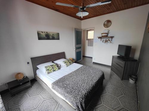 a bedroom with a bed and a flat screen tv at Le Paille en Queue Résidence Touristique in Saint-Louis