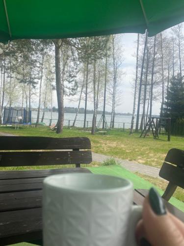 a cup of coffee sitting on a table next to a bench at Aparth Plus 03 Okuninka in Okuninka