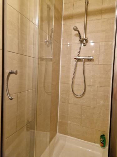 a bathroom with a shower with a glass door at A Beautiful place in London