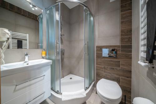 a bathroom with a shower and a toilet and a sink at Malinowy Potok in Białka Tatrzanska