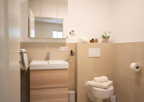 ein Badezimmer mit einem Waschbecken, einem WC und einem Spiegel in der Unterkunft Ferienwohnung Kerschbaumer in Gries am Brenner