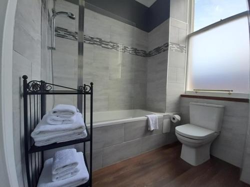 y baño con bañera, aseo y ducha. en A two bedroom apartment - Victorian Villa at 8 Priestfield Road, en Edimburgo