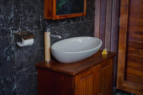 a bathroom with a white sink on a wooden counter at Odiyana Bali Retreat in Banyuwedang
