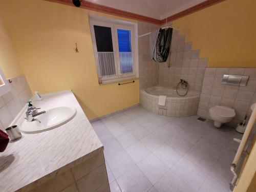 La salle de bains est pourvue d'un lavabo, d'une baignoire et de toilettes. dans l'établissement Apartman Roman Mandre, à Mandre