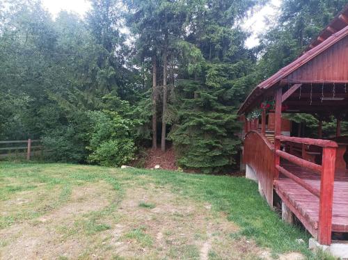 a yard next to a red house with trees at Pensiunea Teodora in Moisei