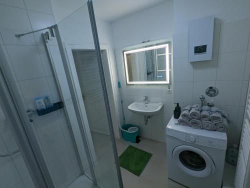 La salle de bains est pourvue d'un lave-linge et d'un lavabo. dans l'établissement Schönes Apartment im Zentrum von Koblenz, à Coblence