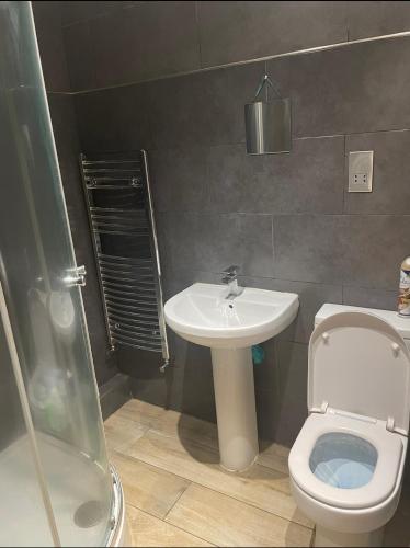 a bathroom with a white toilet and a sink at Tee's apartments in Plumstead