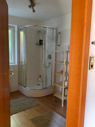 a shower in a bathroom with a glass shower at Komfortable Ferienwohnung mit herrlicher Aussicht in Sautens