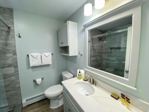 a bathroom with a sink and a toilet and a mirror at R7 Ski-in Ski-out Bretton Woods Townhome on 2-mile home trail Mt Washington views in Carroll